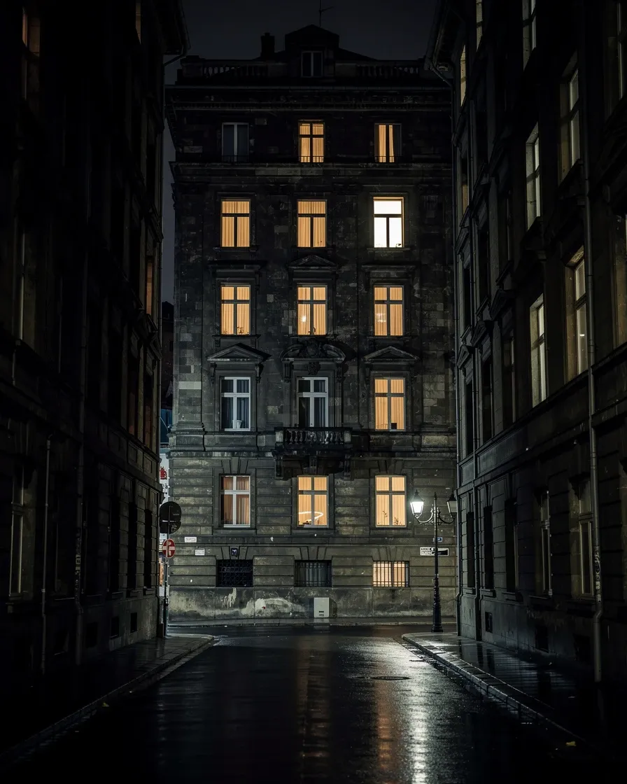 Façade d'un hôtel de ville la nuit, quelques fenêtres allumées, rue vide et mouillée