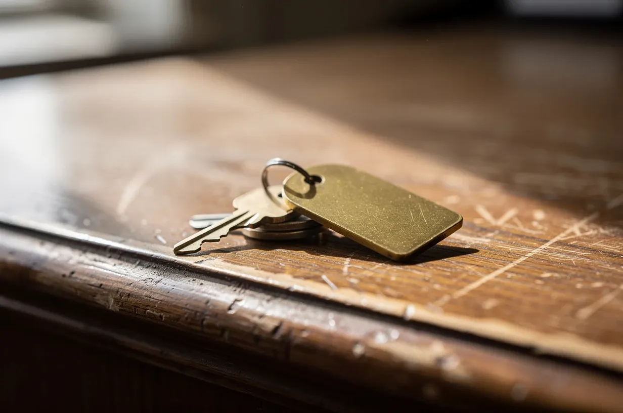 Clé de chambre d'hôtel à plaque de laiton posée sur un comptoir de réception en bois, lumière du matin